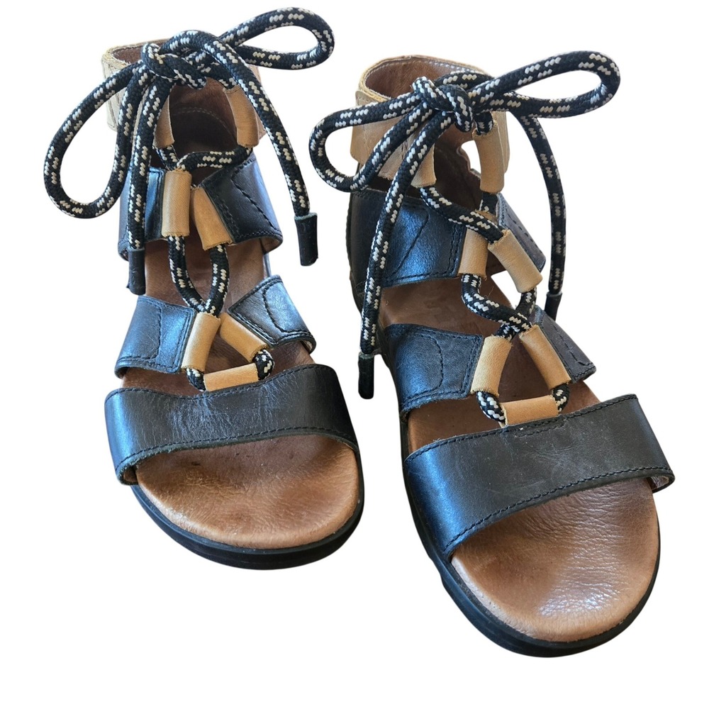 Sorel Kinetic Leather Lace Up Gladiator Sandals Black‎ Tan Two Tone Women's 7.5